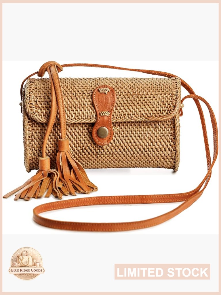 Handmade Wicker Woven Crossbody Bag - Boho Rattan Purse Straw Circle Bag